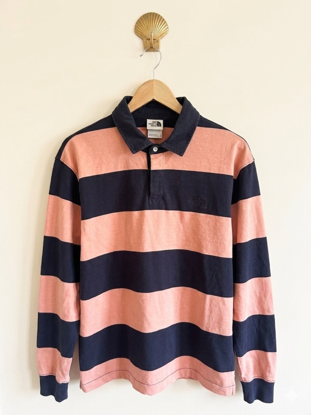 The North Face Black & Peach Striped Rugby Polo XL Men's Pink Tees Long Sleeve